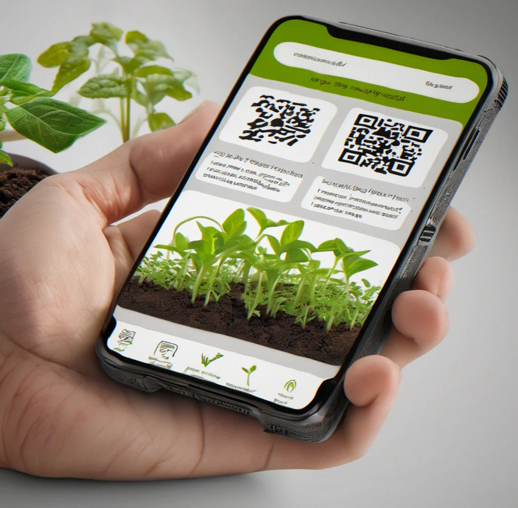 Mobile phone displaying product detail page with origin story, material sourcing map, maker information, and end-of-life program instructions via QR code