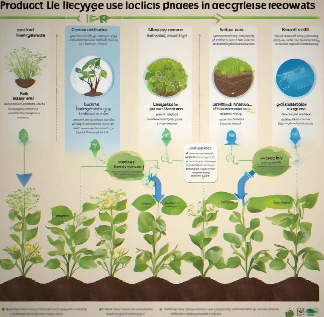Product lifecycle infographic showing design phase decisions, manufacturing process, customer use, collection logistics, and material recovery or regeneration pathways