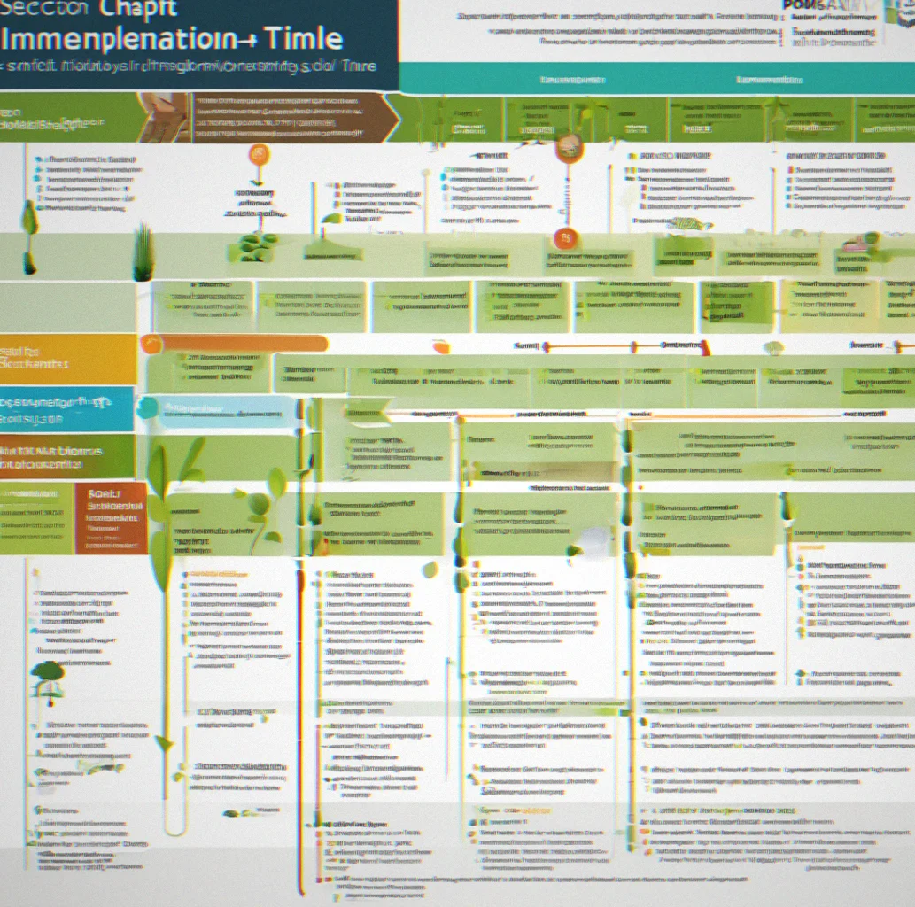 Gantt chart showing 12-month implementation timeline with phases for supply chain audit, technology selection, pilot integration, and full deployment with stakeholder commynication checkpoints