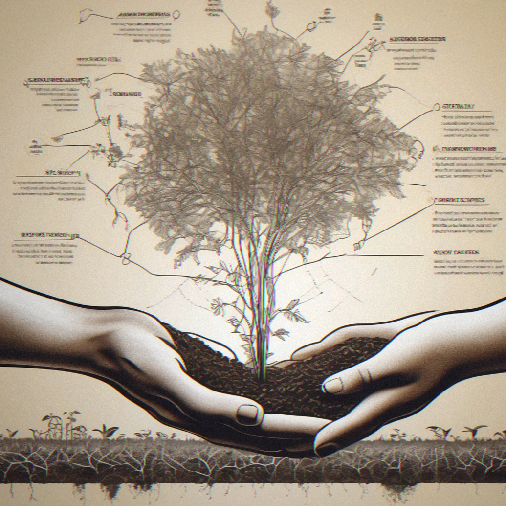 Close-up of hands holding soil with visible root structures and microbial networks, symbolizing supply chain traceability and regenerative sourcing practices