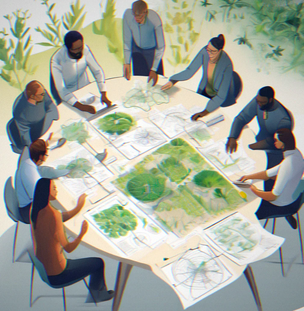 Team meeting around a table with biomimicry principle diagrams and regenerative cycle flowcharts spread across the surface, laptops showing demand forecasting data