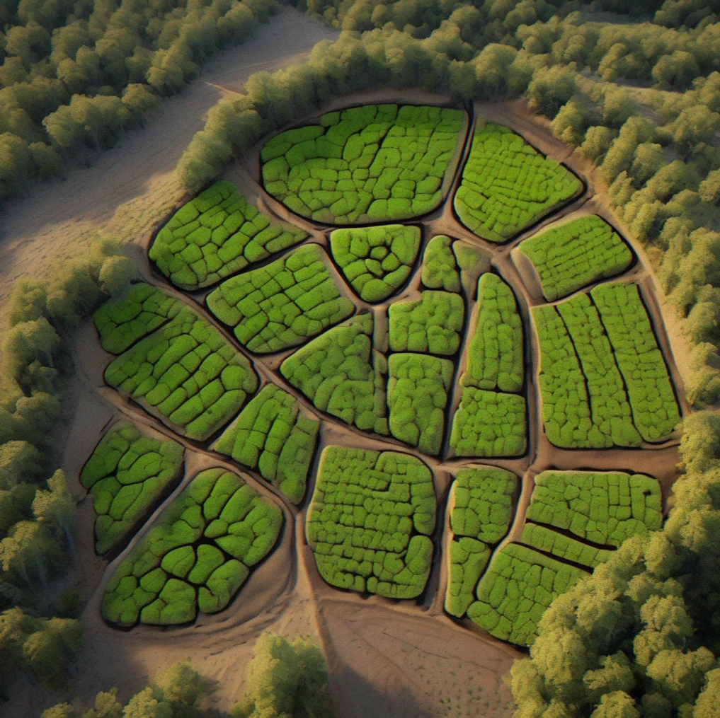 Aerial view of interconnected forest root systems showing nutrient flow patterns, representing natural regenerative growth models